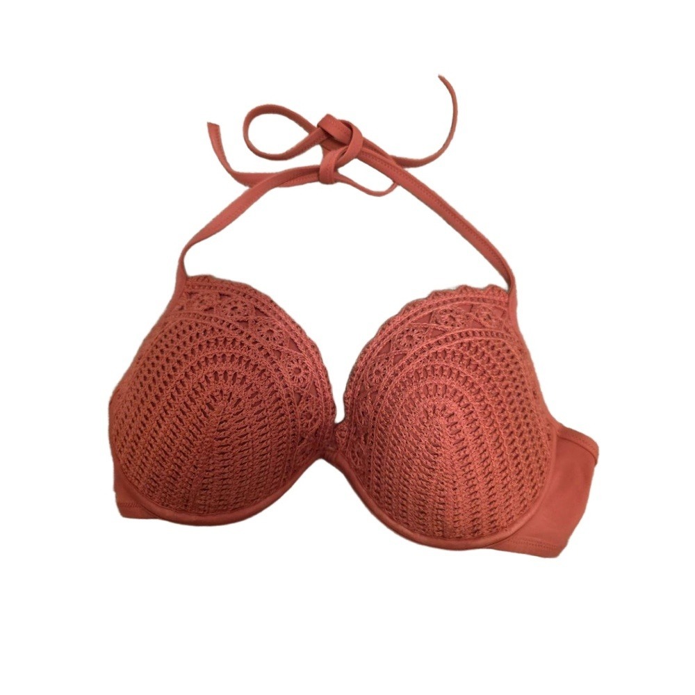 Shade Shore Coral Halter Padded Crochet Bikini‎ Top 36 D